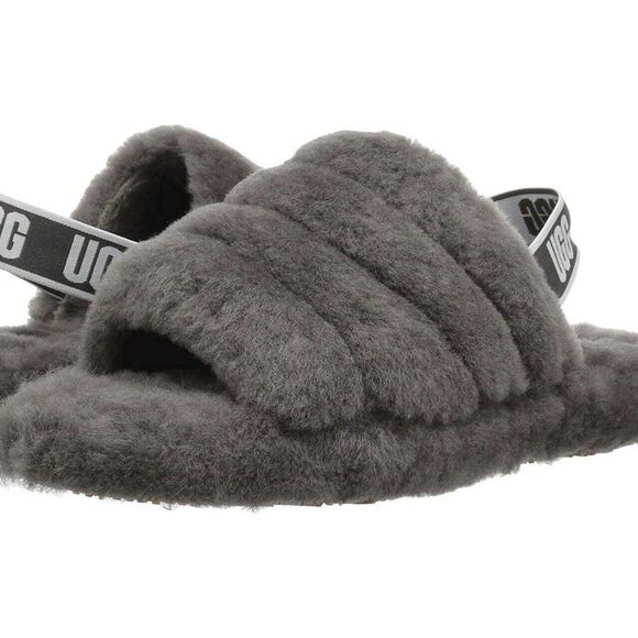 UGG Fluff Yeah Slide 1098494K Kid's Charcoal Sheepskin Slingback Sandal UGG477 - Picture 1 of 7